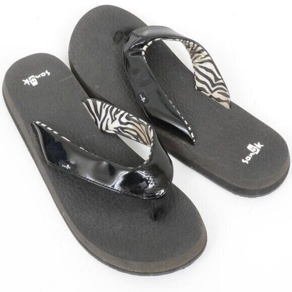 Sanuk Zebra Black Patent Flip Flop Thong Sandal Slip-on Flats Women's 10 - Picture 2 of 5